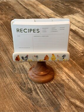 NWT-Wooden/Ceramic Recipe Card Holder with Chicken Design - White